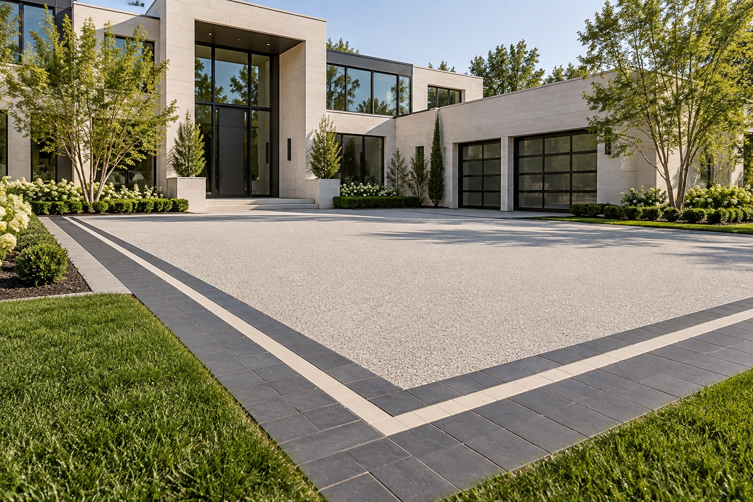 Design visualization of a light Eco-Stone motor court with charcoal and cream paver bands