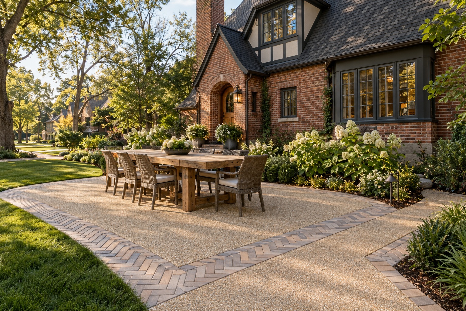 Design visualization of a buff Eco-Stone terrace framed by herringbone concrete pavers