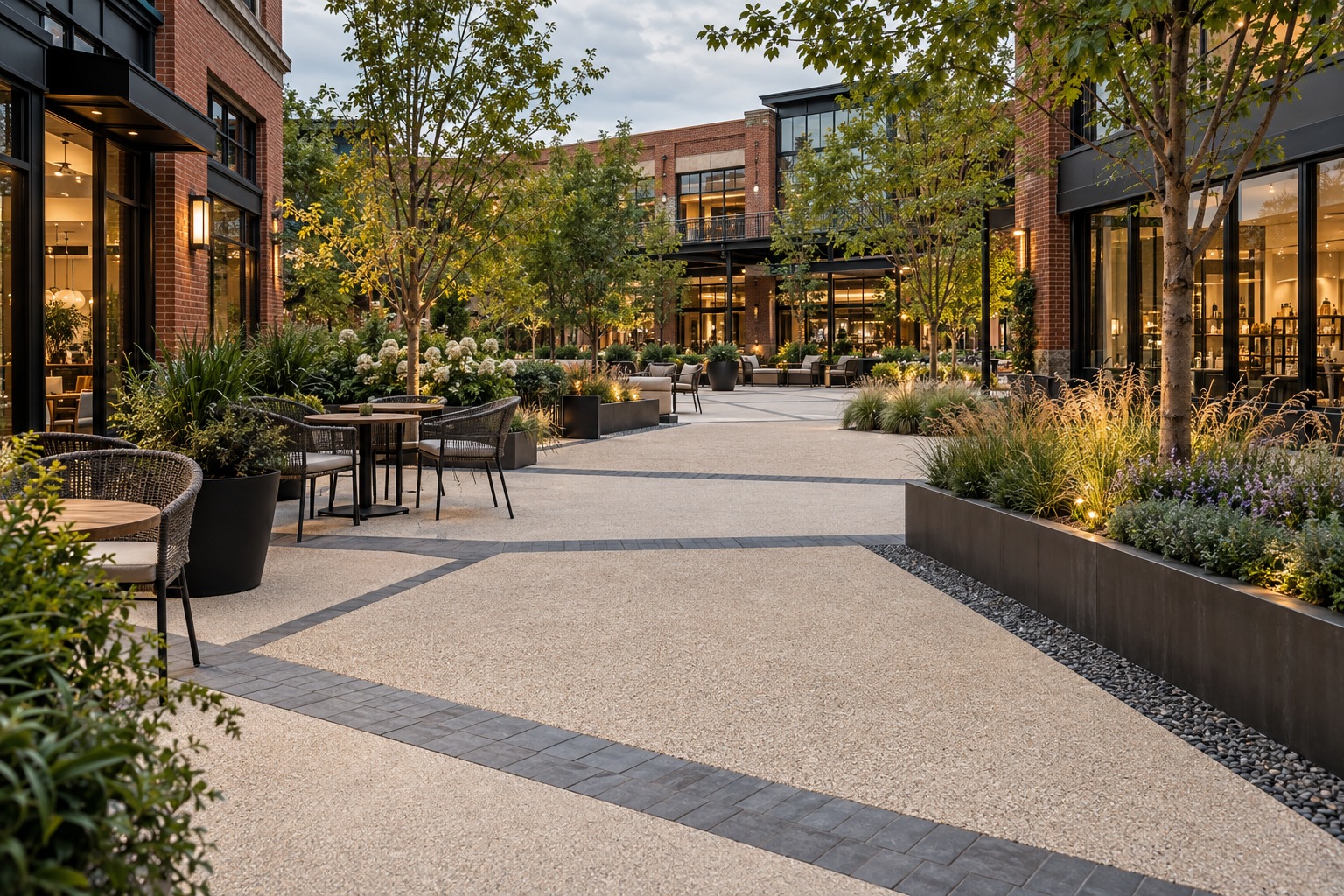 Design visualization of a resin-bound commercial courtyard with concrete paver bands