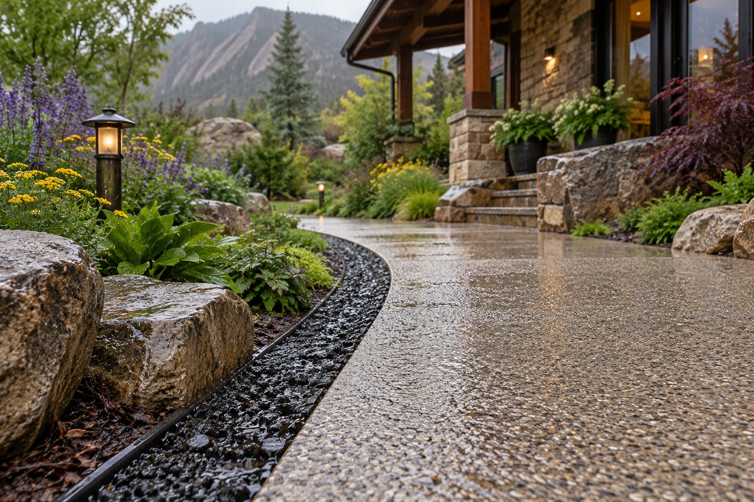 Design visualization of a porous stone drainage strip along a Colorado garden walkway