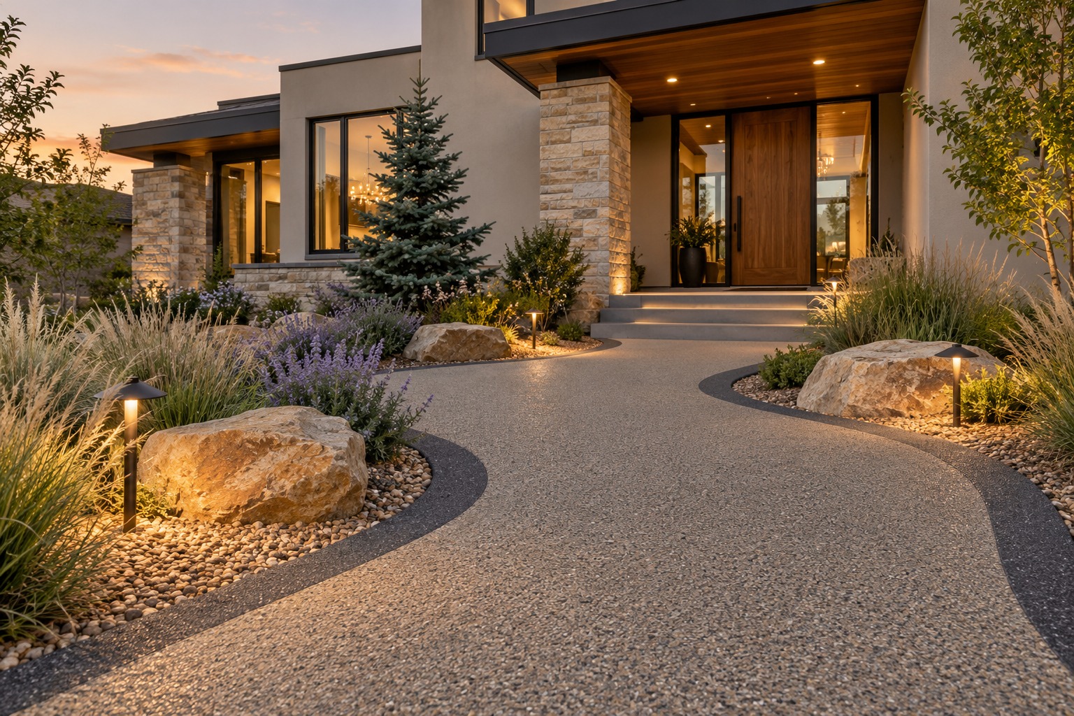Design visualization of a resin-bound entry walkway with contrasting stone borders