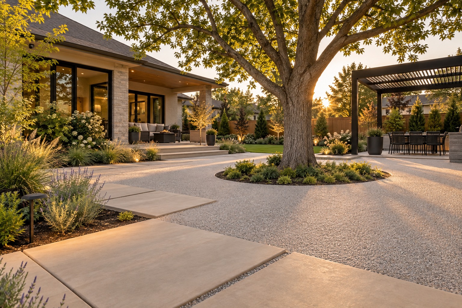 Design visualization of stone aggregate garden paving around stepping platforms and a tree bed