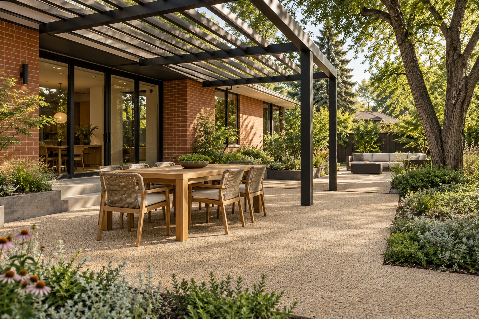 Design visualization of a buff resin-bound patio with outdoor dining and a black pergola