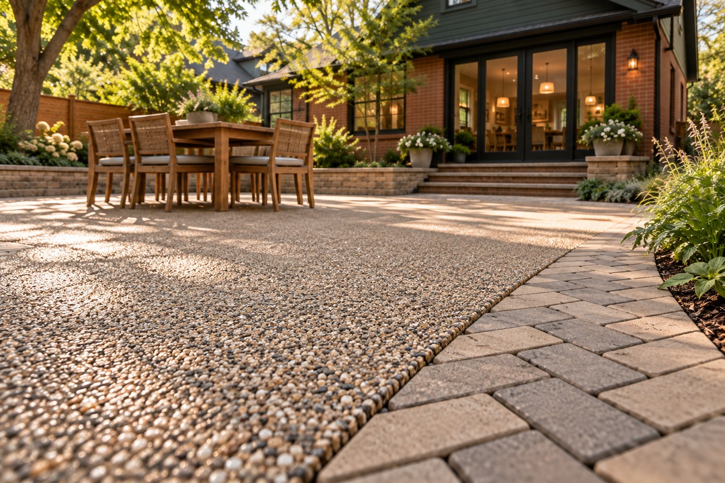 Design visualization of taupe resin-bound courtyard with a herringbone concrete paver border in Boulder, close surface detail