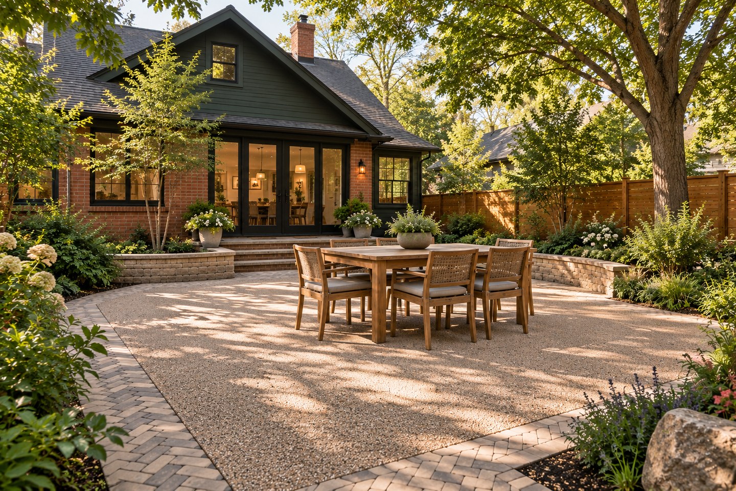 Design visualization of taupe resin-bound courtyard with a herringbone concrete paver border in Boulder, alternate angle