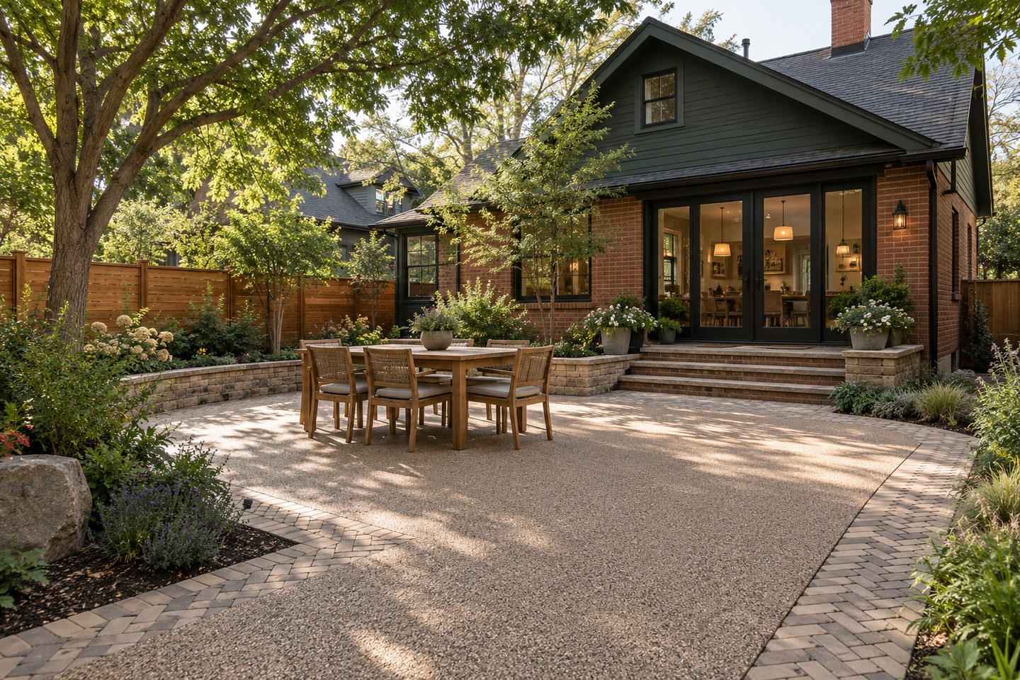 Design visualization of taupe resin-bound courtyard with a herringbone concrete paver border in Boulder, wide view