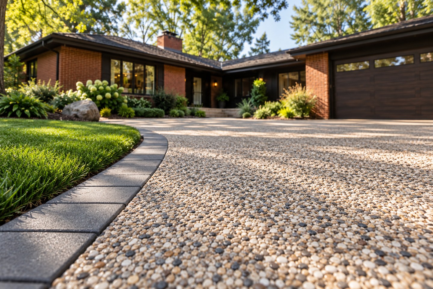 Design visualization of cream resin-bound stone driveway and charcoal paver border at a Cherry Hills ranch home, close surface detail