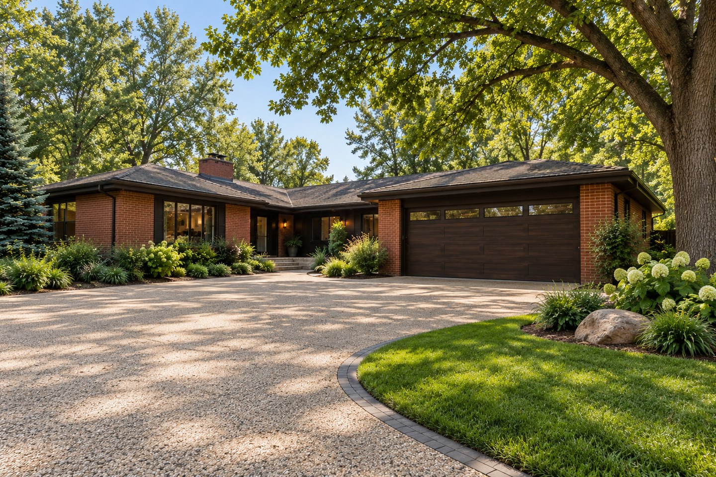 Design visualization of cream resin-bound stone driveway and charcoal paver border at a Cherry Hills ranch home, alternate angle