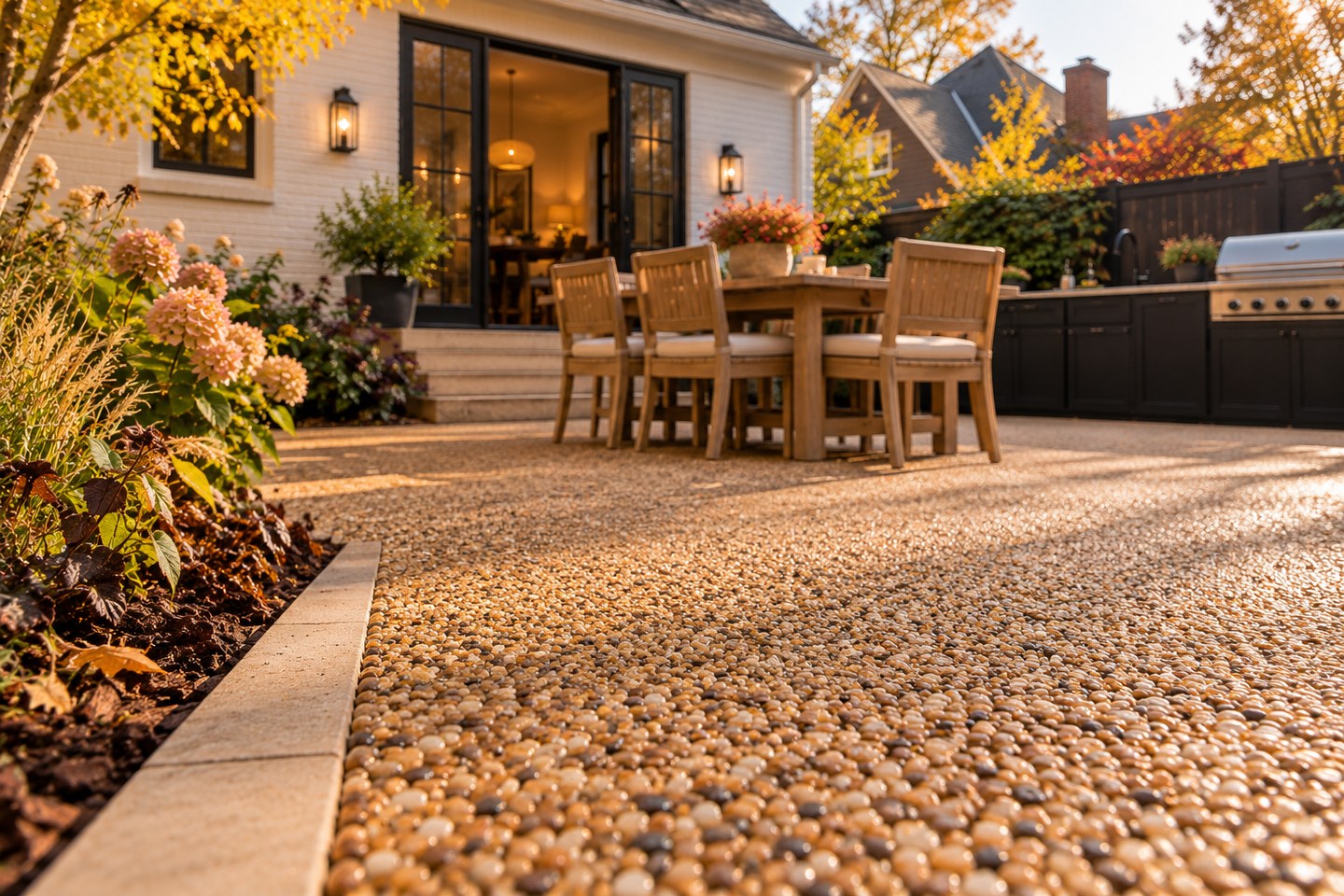 Design visualization of golden buff resin-bound patio beside a Washington Park brick bungalow and outdoor kitchen, close surface detail