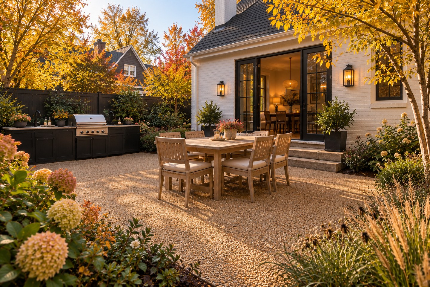 Design visualization of golden buff resin-bound patio beside a Washington Park brick bungalow and outdoor kitchen, alternate angle