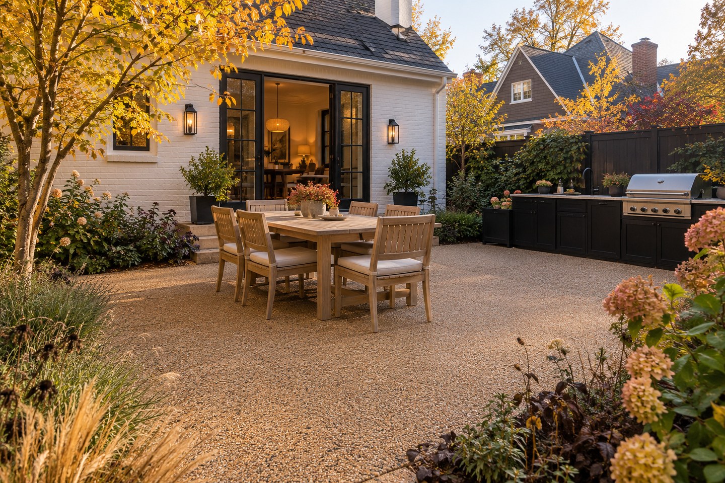 Design visualization of golden buff resin-bound patio beside a Washington Park brick bungalow and outdoor kitchen, wide view