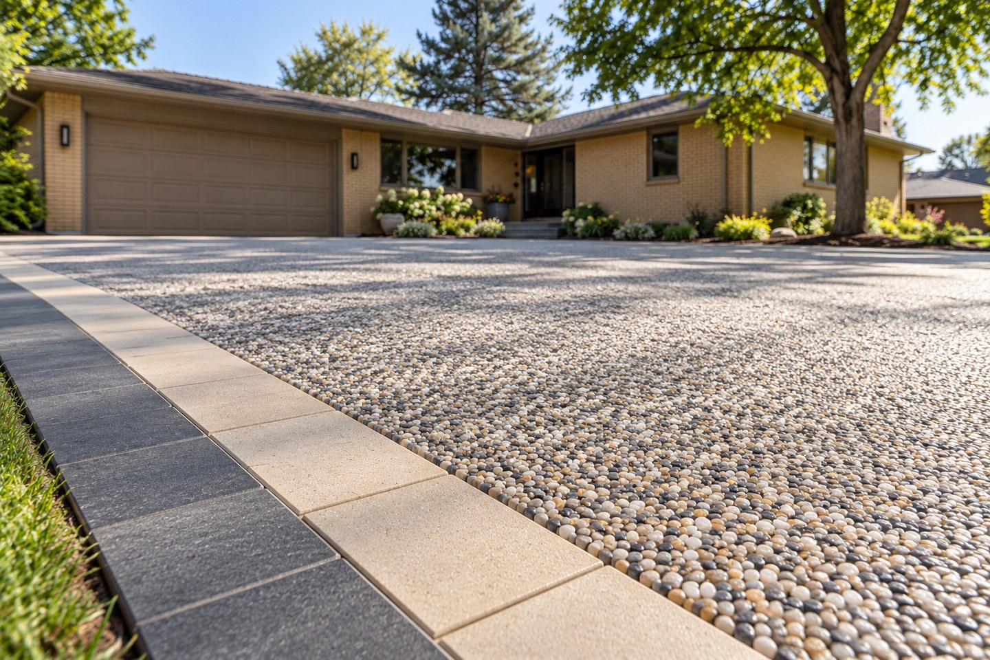Design visualization of gray resin-bound motor court with a contrasting paver picture-frame border in Erie, close surface detail