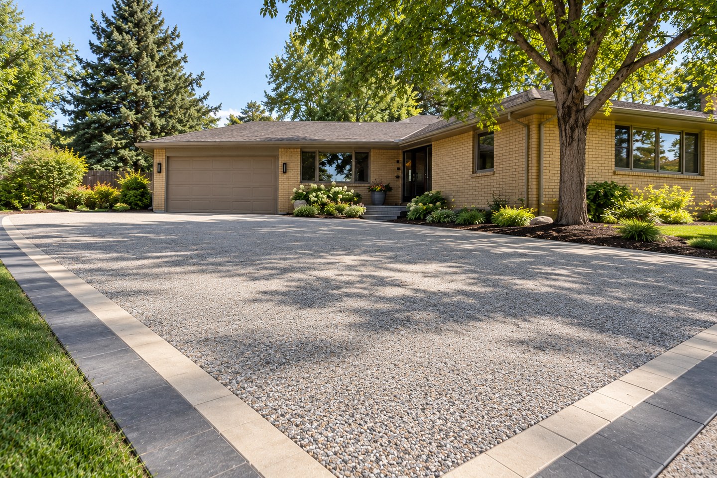 Design visualization of gray resin-bound motor court with a contrasting paver picture-frame border in Erie, alternate angle