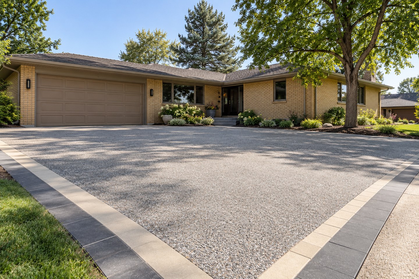 Design visualization of gray resin-bound motor court with a contrasting paver picture-frame border in Erie, wide view