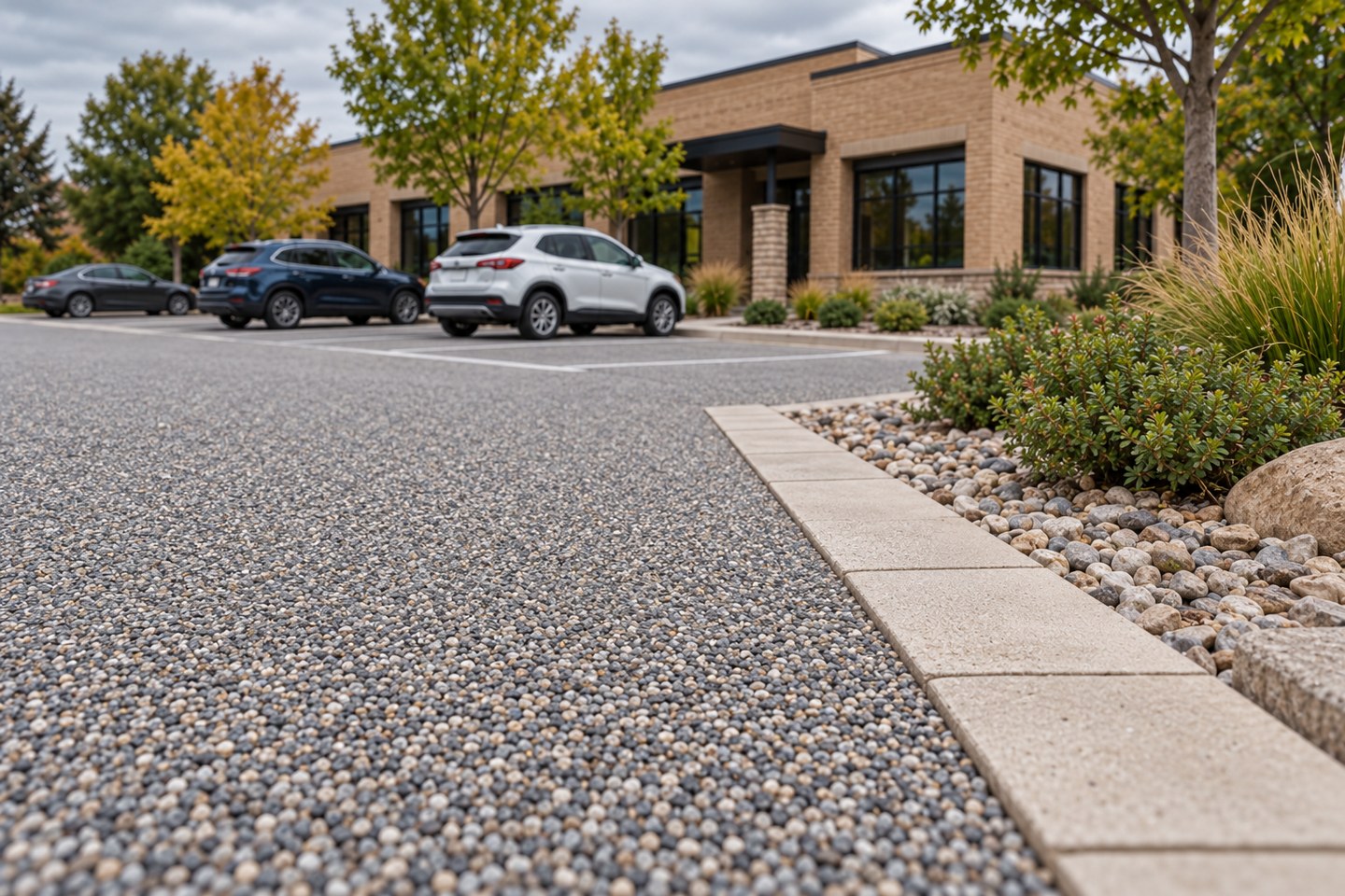 Design visualization of gray resin-bound commercial parking area with marked stalls in Fort Collins, close surface detail