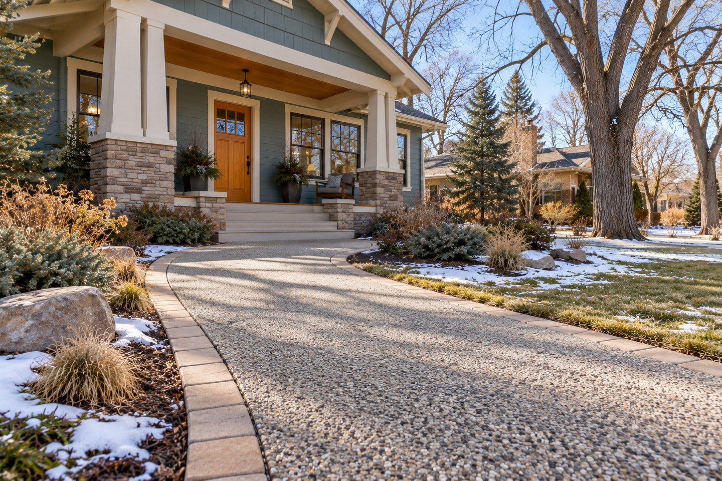 Design visualization of gray resin-bound entrance walkway with buff paver edging at a Golden Craftsman home, alternate angle