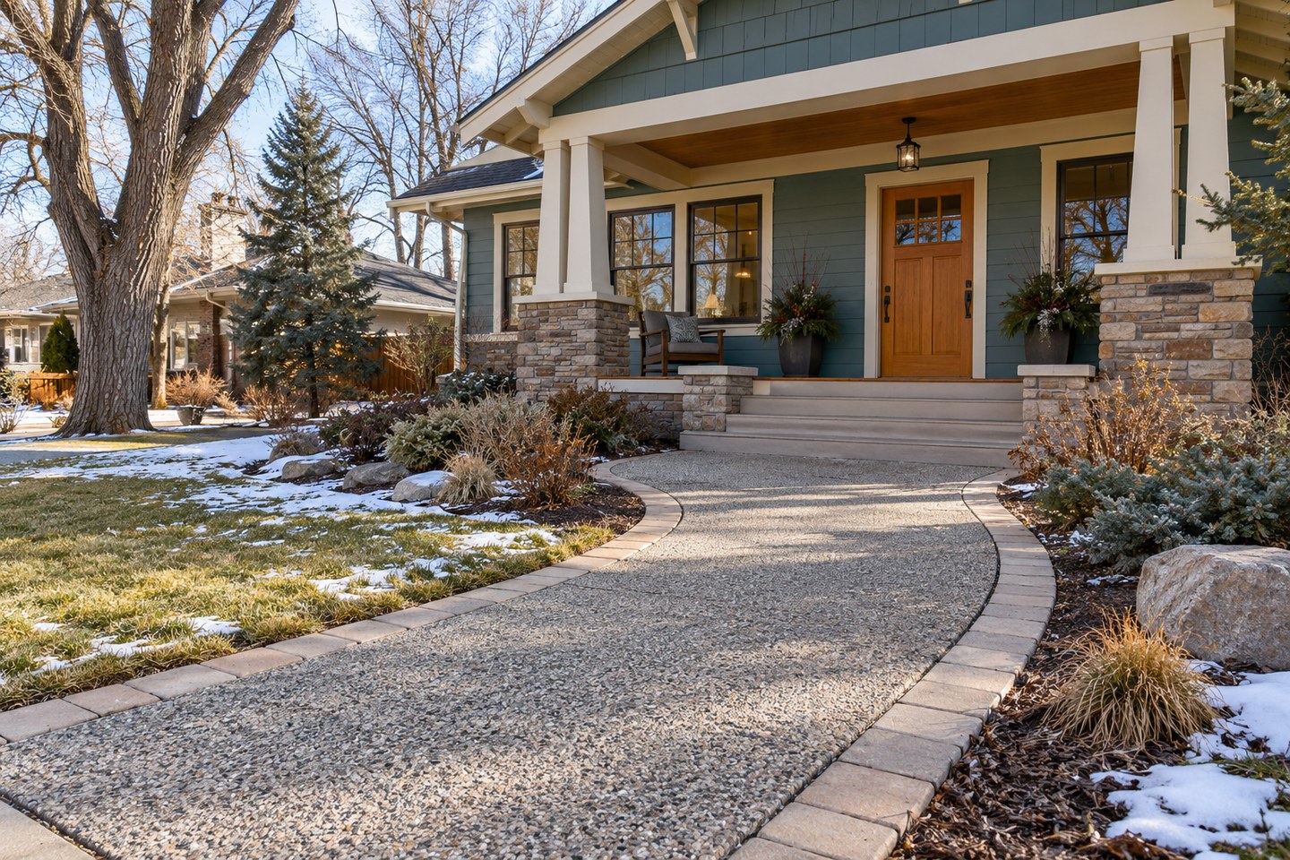 Design visualization of gray resin-bound entrance walkway with buff paver edging at a Golden Craftsman home, wide view