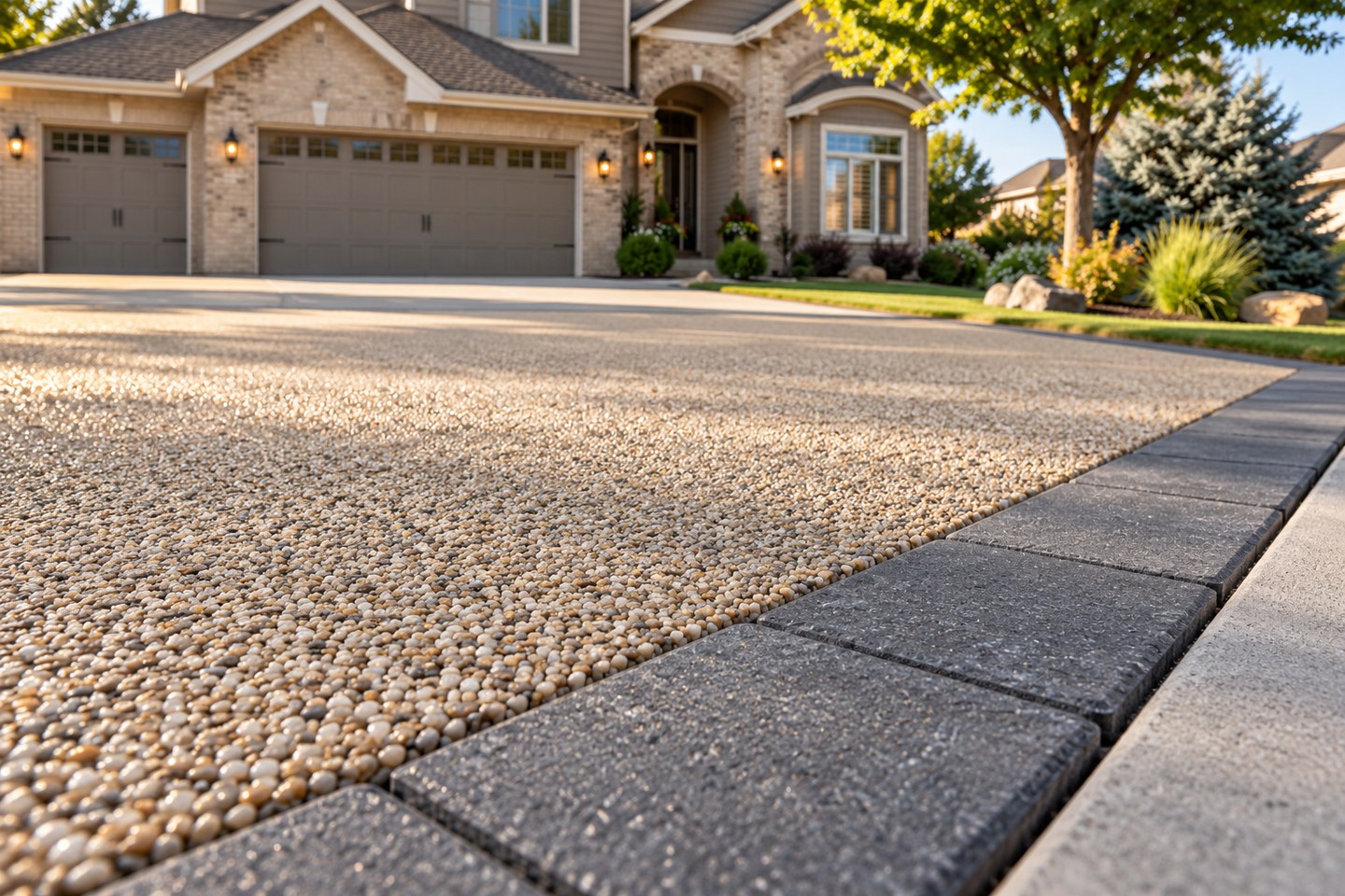 Design visualization of cream resin-bound driveway apron with charcoal paver edging in Highlands Ranch, close surface detail
