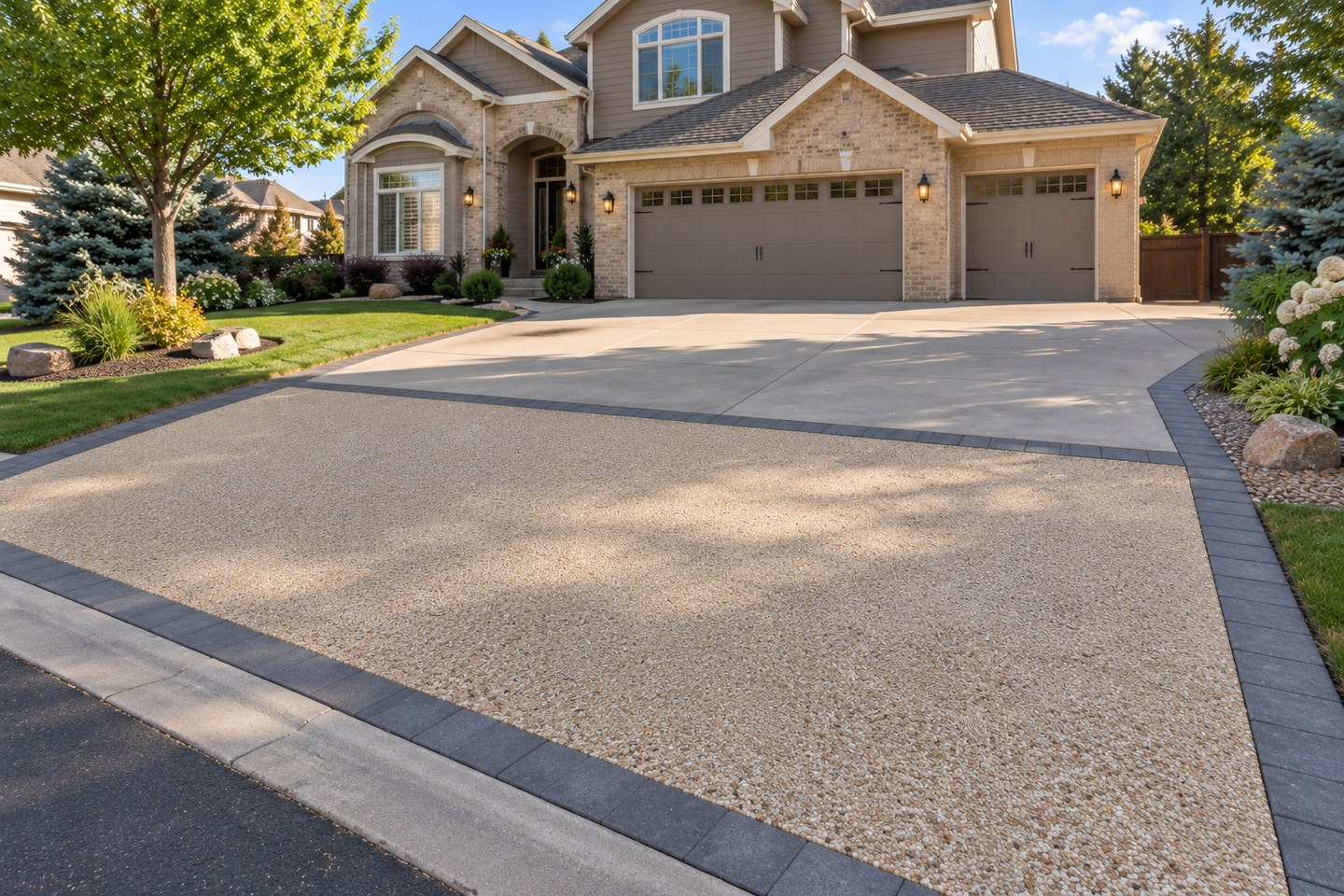 Design visualization of cream resin-bound driveway apron with charcoal paver edging in Highlands Ranch, alternate angle