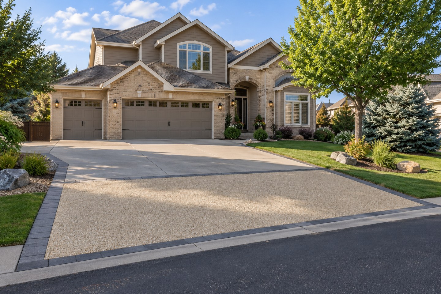 Design visualization of cream resin-bound driveway apron with charcoal paver edging in Highlands Ranch, wide view