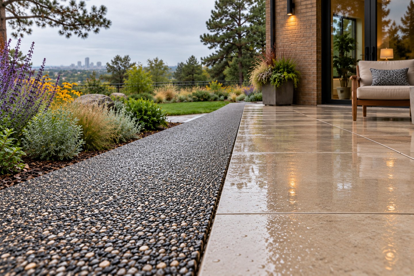 Design visualization of flush dark Eco-Stone drainage strip beside light porcelain patio tiles in Hilltop, close surface detail
