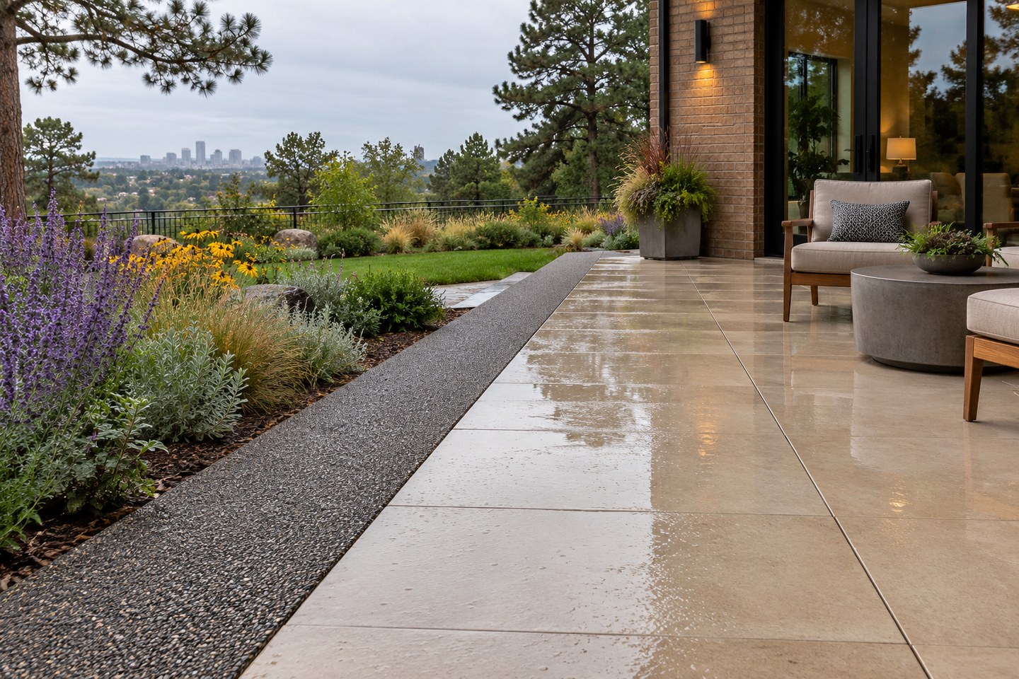 Design visualization of flush dark Eco-Stone drainage strip beside light porcelain patio tiles in Hilltop, wide view