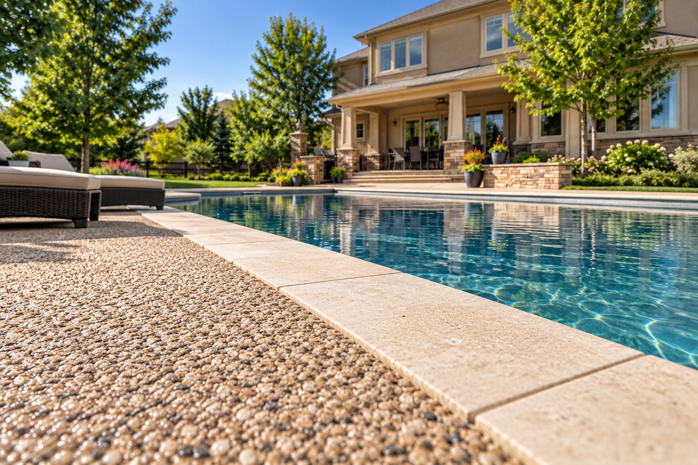 Design visualization of cream resin-bound pool deck with separate stone coping at a Parker home, close surface detail