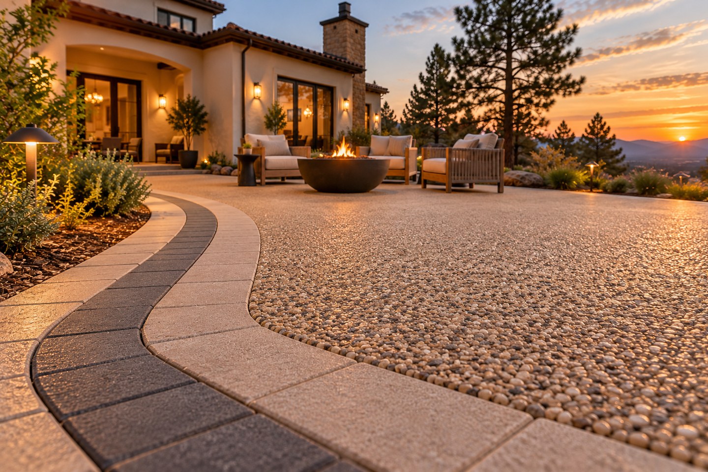Design visualization of curved buff resin-bound terrace with charcoal and cream paver edging in Ravenna, close surface detail