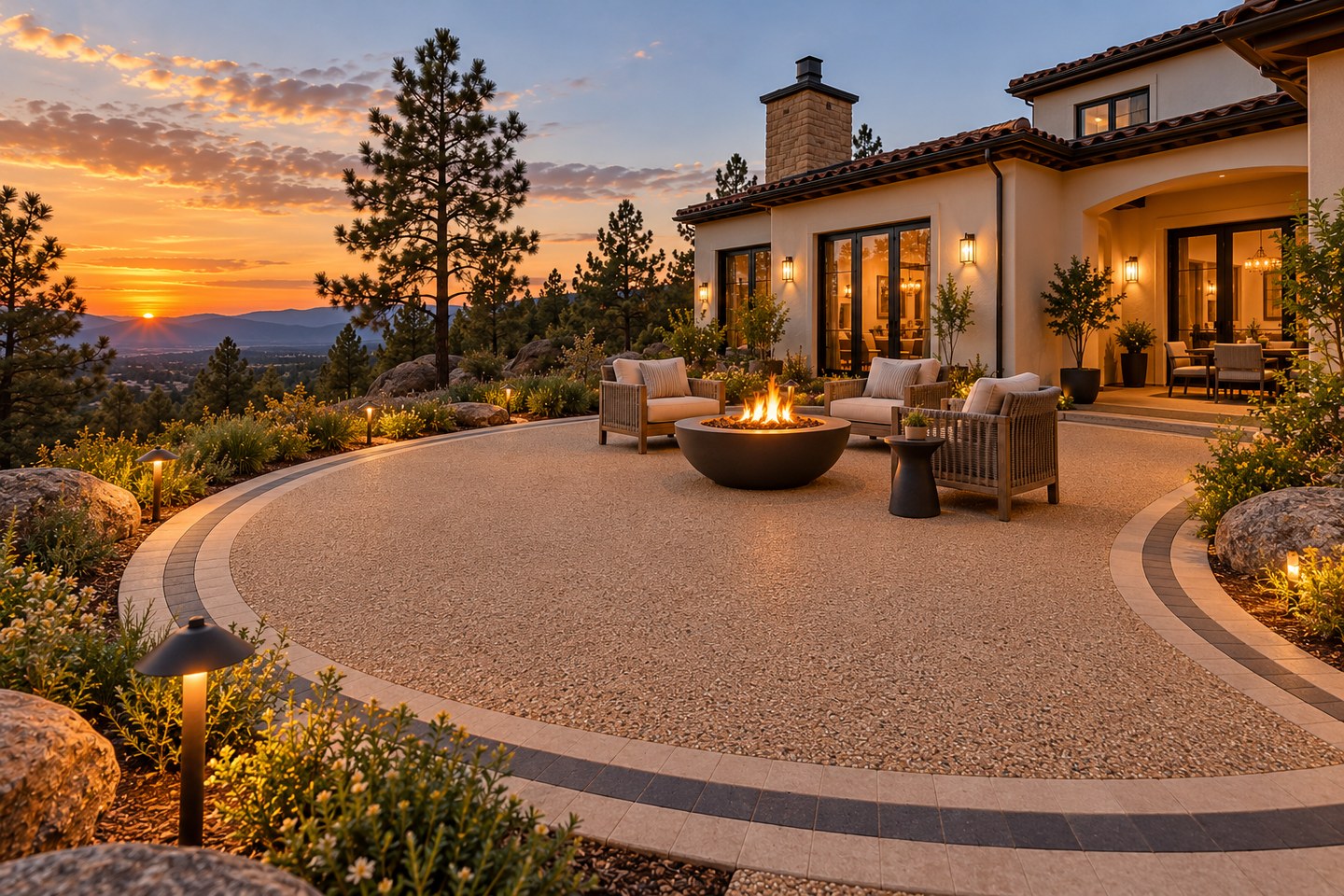 Design visualization of curved buff resin-bound terrace with charcoal and cream paver edging in Ravenna, alternate angle