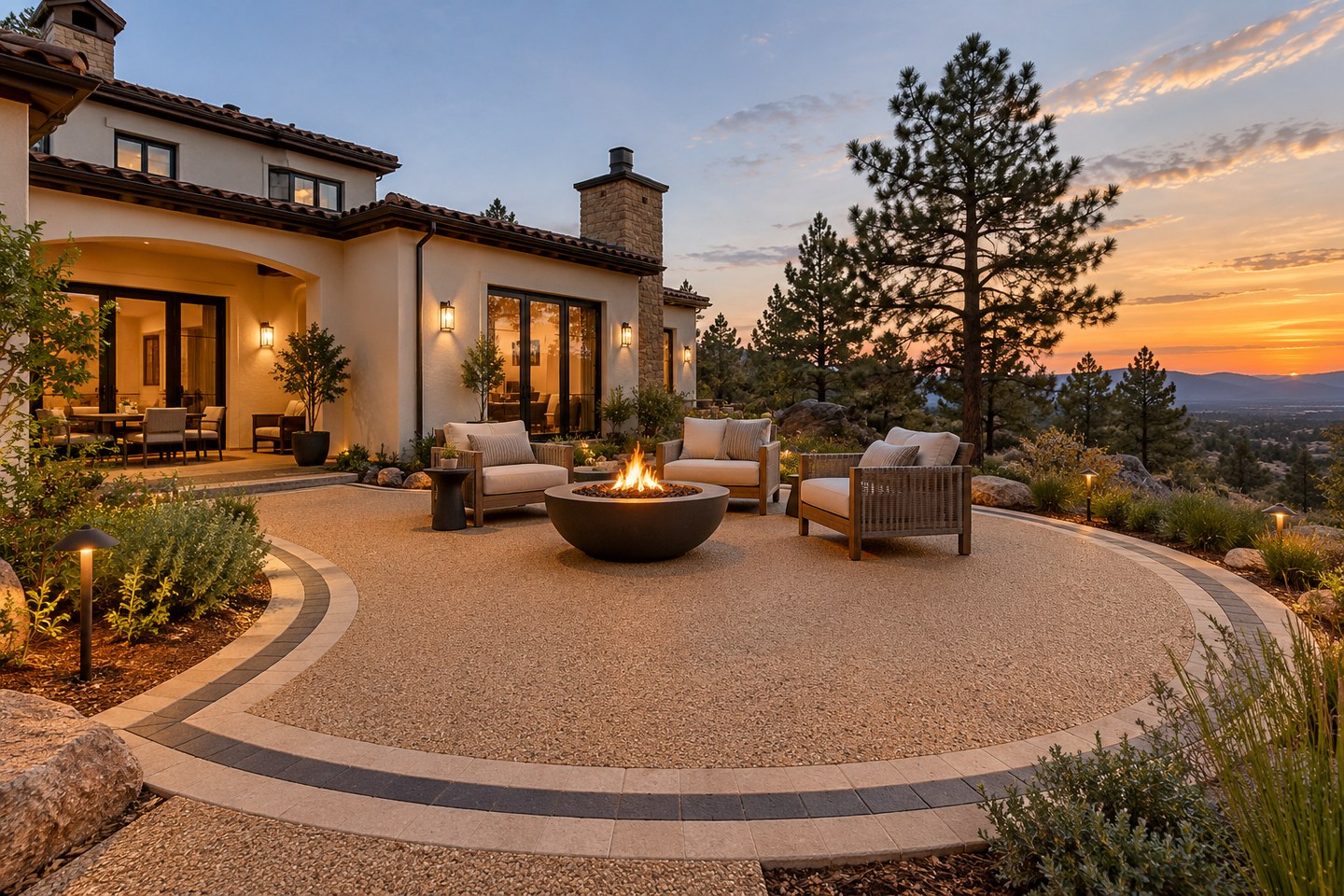 Design visualization of curved buff resin-bound terrace with charcoal and cream paver edging in Ravenna, wide view