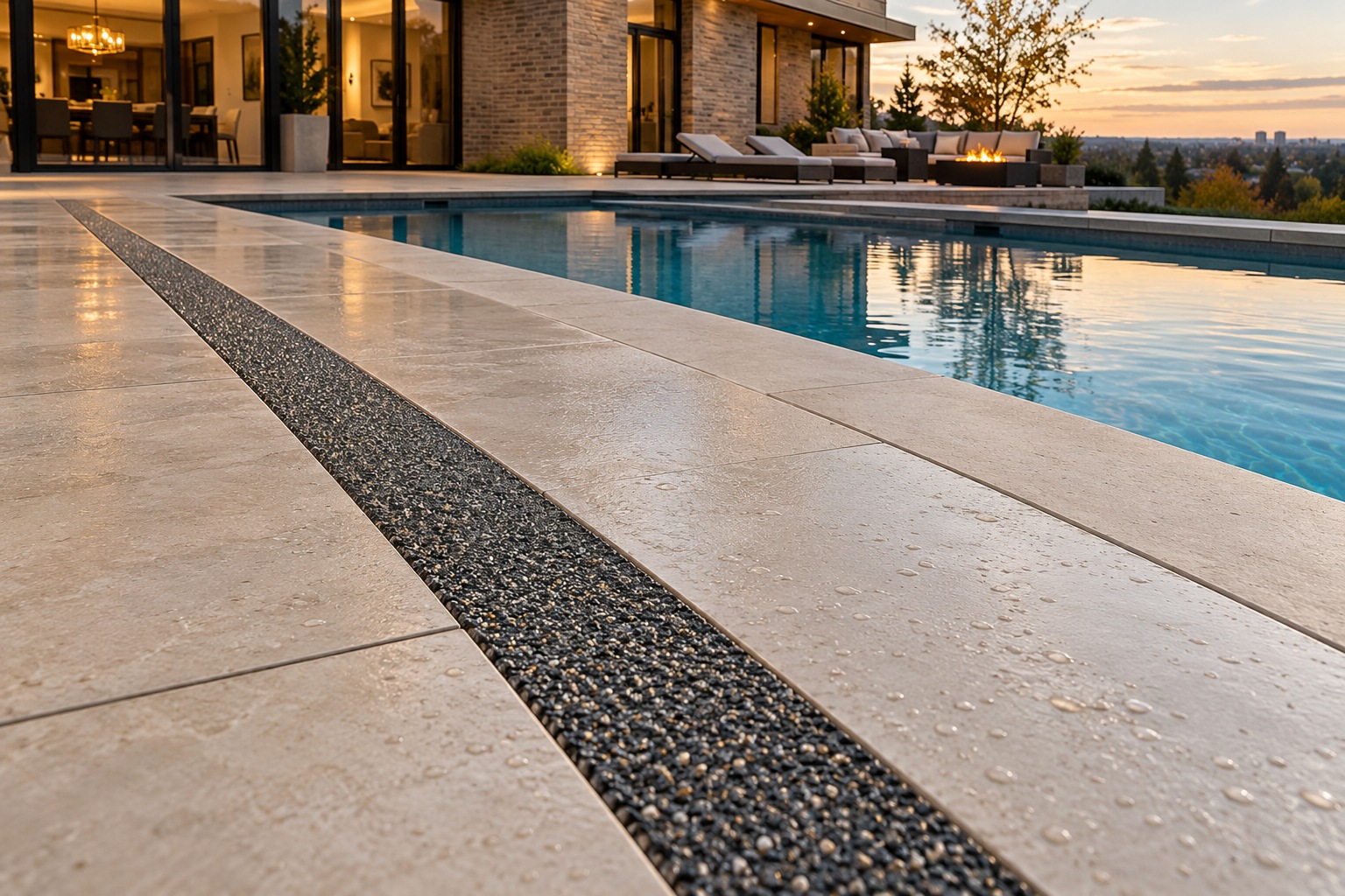 Design visualization of a flush dark Eco-Stone drain in a light porcelain pool deck