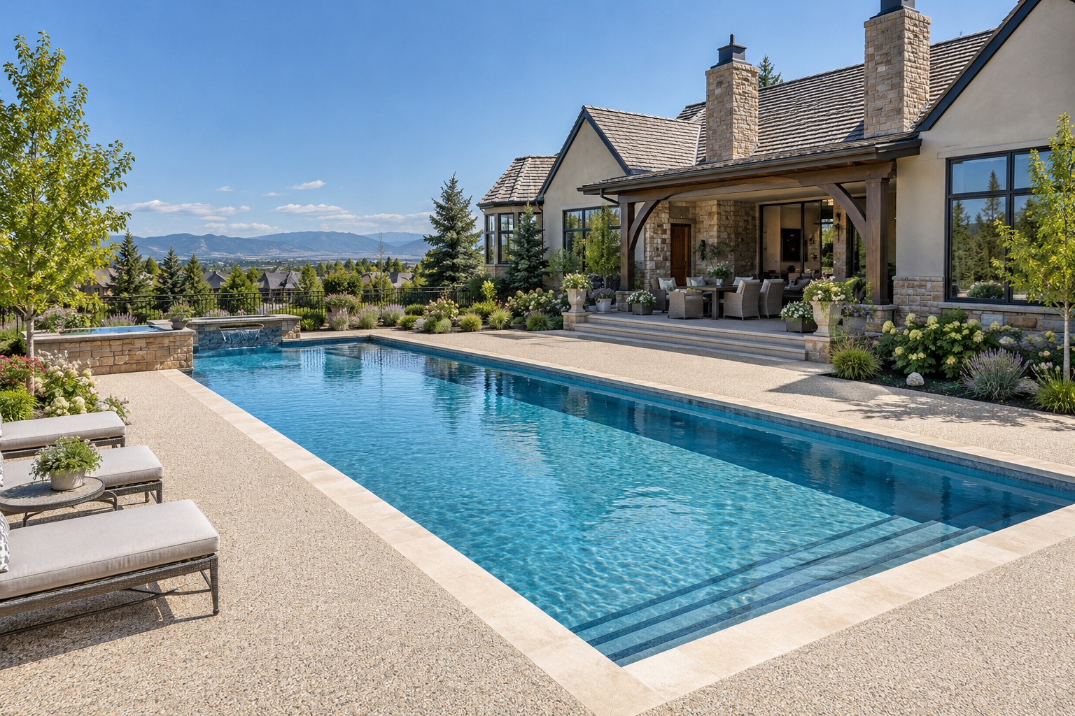 Design visualization of a light stone pool deck around a rectangular Colorado swimming pool