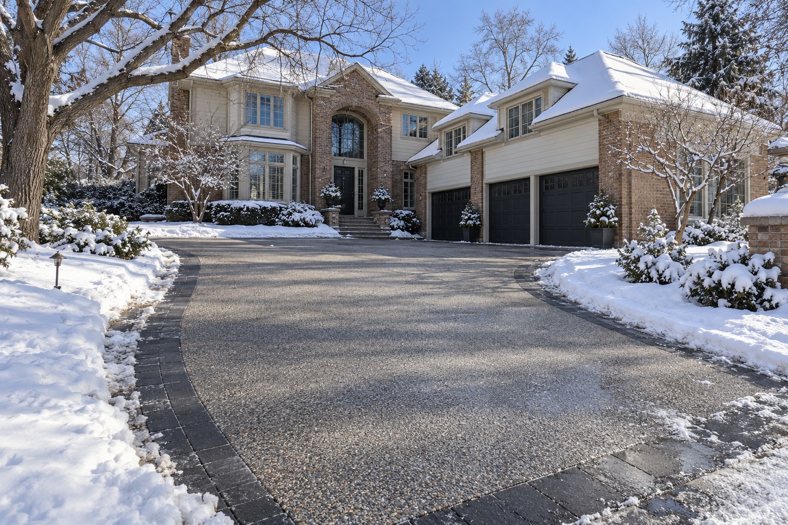 Design visualization of a cleared resin-bound driveway beside a snow-covered Colorado lawn